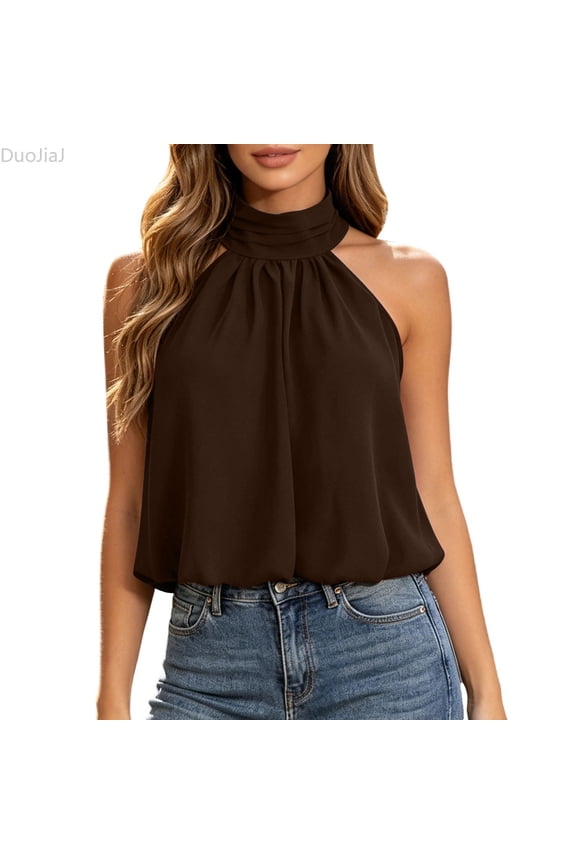 Womens Sleeveless Top, Halter Solid Resort Knit with Back Tie Flowy Brown M