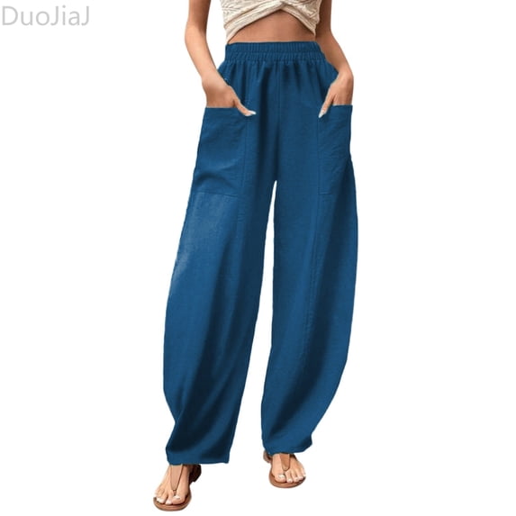 DuoJiaJ Womens Solid Color Casual Pants Trousers Elastic Waist Pockets Wide Leg Trousers Women's Lounge Pants Green L