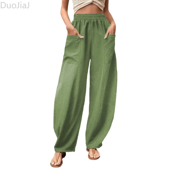 DuoJiaJ Womens Solid Color Casual Pants Trousers Elastic Waist Pockets Wide Leg Trousers Women's Lounge Pants Green XL