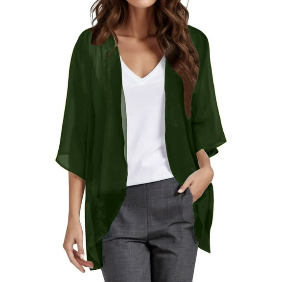 DuoJiaJ Womens Solid Elegant Puff Sleeve Chiffon Cardigan Loose Cover Up Casual Blouse Tops Winter Cardigan Army Green