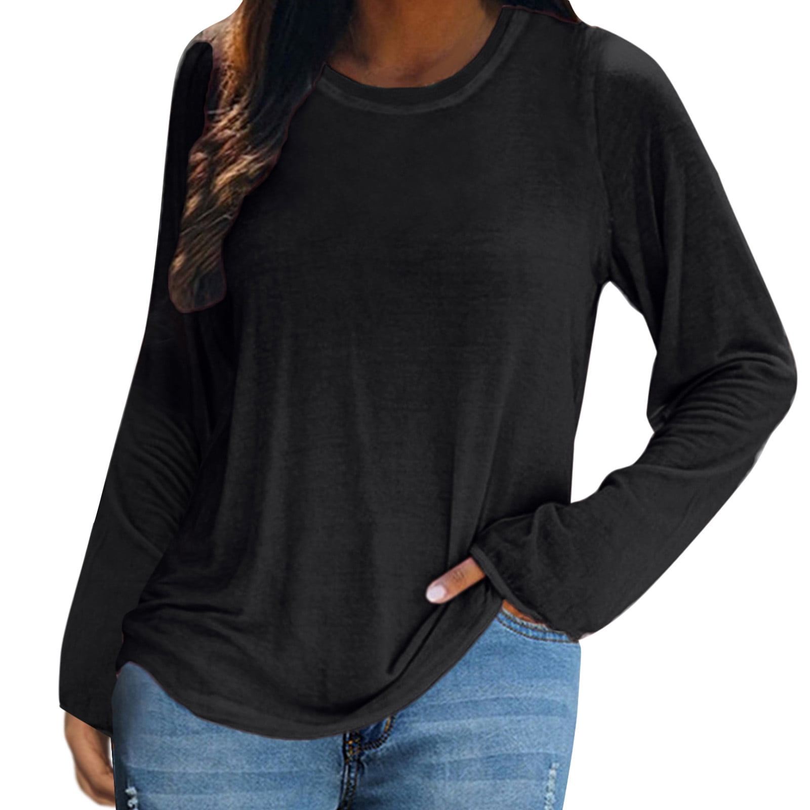 DuoJiaJ Womens Solid T Shirts Long Sleeve Crew Neck Shirts Basic Tee ...