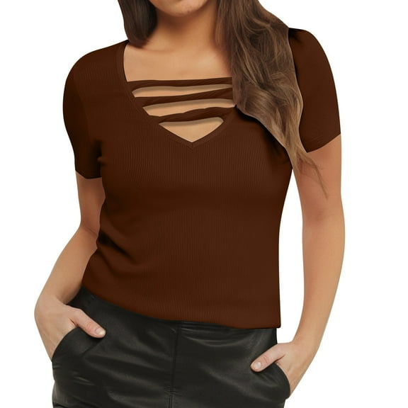 DuoJiaJ Womens Summer Deep V Neck Tops Sexy Casual Short Sleeve Low Cut Out T Shirts Blouse Women’s Casual Tops Brown