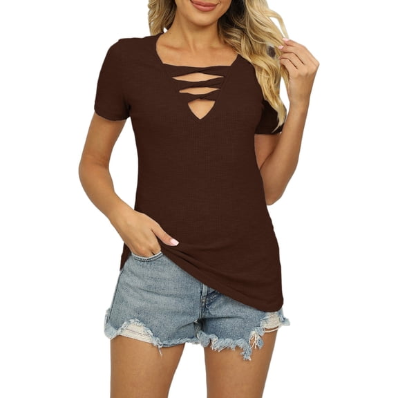 DuoJiaJ Womens Summer Fashion Short Sleeve V Neck Ribbed Shirt Top Summer Solid Color Casual T Shirt Mesh Panel Cropped Tops for Women Brown M