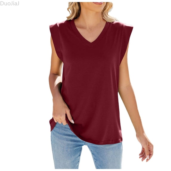 DuoJiaJ Womens Summer New Solid Color V Neck Cap Shoulder Sleeve Loose Sleeveless T Shirt Vest Women Ladies Tank Tops Red XXL
