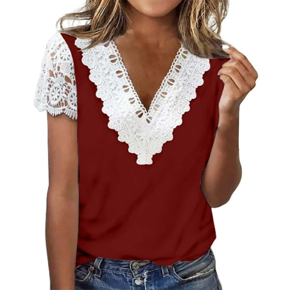 DuoJiaJ Womens Summer Tops Lace Patchwork V Neck T Shirts Short Sleeve Tops Loose Casual T Shirts Women’s Tank Tops Red