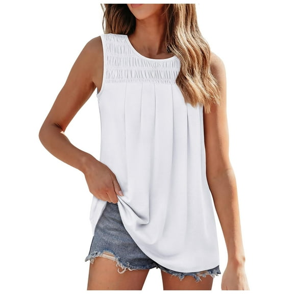 DuoJiaJ Womens Tank Tops Summer Pleated Crew Neck Sleeveless Tops For Women Ruched Loose Cotton Tank Tops for Women