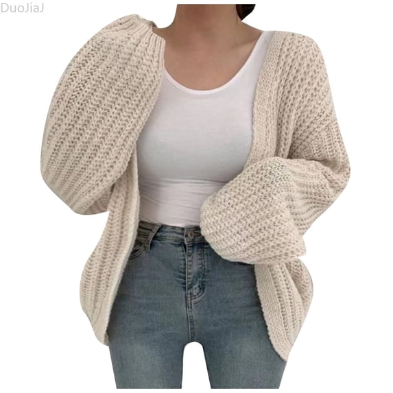 DuoJiaJ Womens Thick Knit Cardigan, Open Front Balloon Sleeve Loose Solid Beige One Size