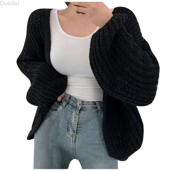 DuoJiaJ Womens Thick Knit Cardigan, Open Front Balloon Sleeve Loose Solid Black One Size