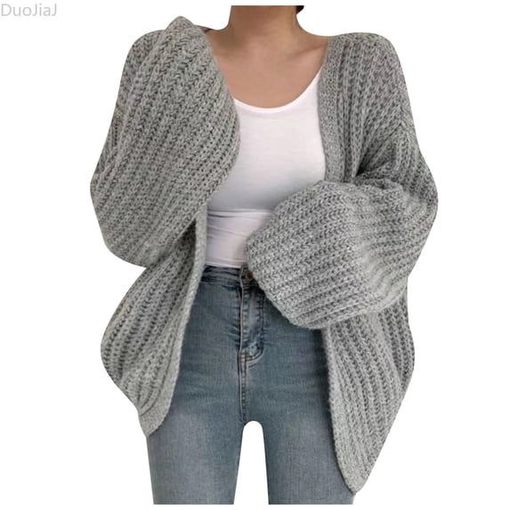 DuoJiaJ Womens Thick Knit Cardigan, Open Front Balloon Sleeve Loose Solid Gray One Size