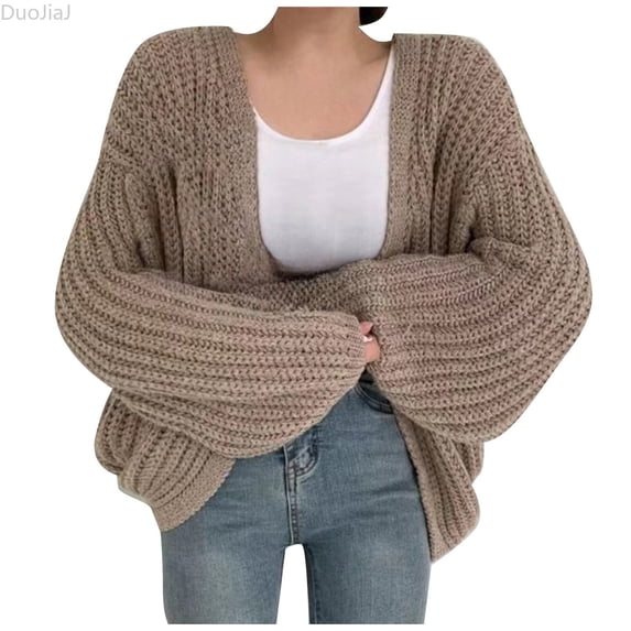 DuoJiaJ Womens Thick Knit Cardigan, Open Front Balloon Sleeve Loose Solid Yellow One Size