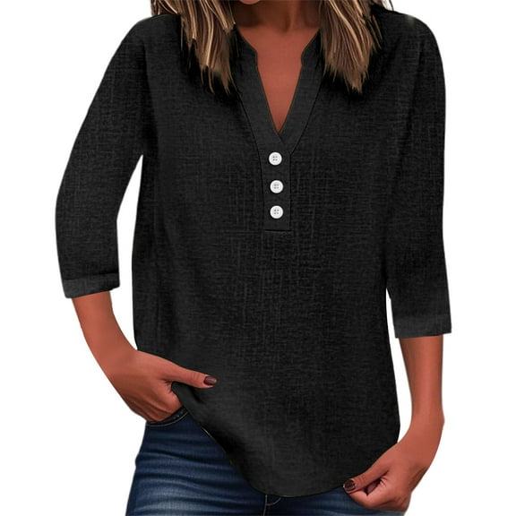 DuoJiaJ Womens Tops 3/4 Sleeve V Neck Button Down Shirts Business Casual Outfit Basic Tees Summer Top Black S