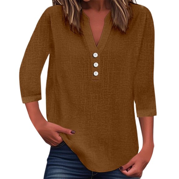 DuoJiaJ Womens Tops 3/4 Sleeve V Neck Button Down Shirts Business Casual Outfit Basic Tees Summer Top Brown S