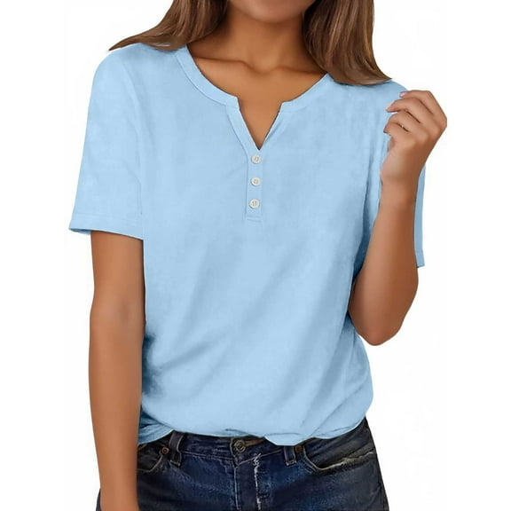 DuoJiaJ Womens Tops Neck Buttons Sexy Shirts Short Sleeve Dressy Blouses Geometric Print Sweatshirts Clothes Women’s Casual T-Shirts Blue L