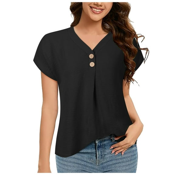 DuoJiaJ Womens Tops Summer Dressy Casual Shirts Short Sleeve V Neck Blouses Business Work Tshirts Women's Casual Shirts Black S