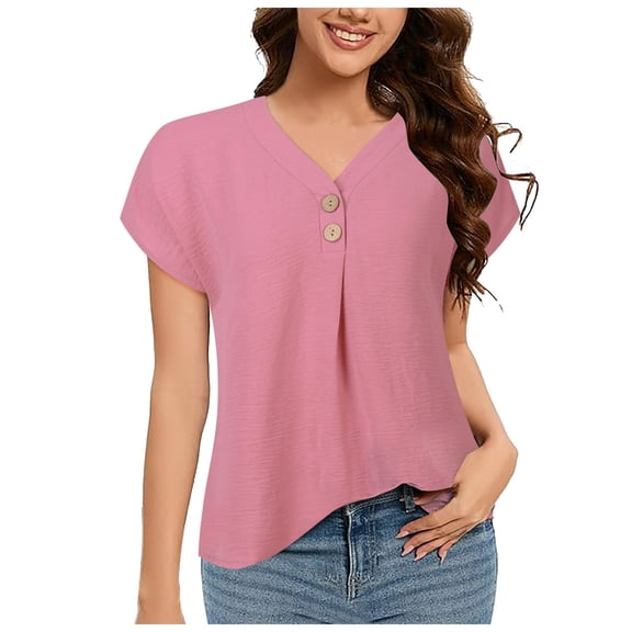 DuoJiaJ Womens Tops Summer Dressy Casual Shirts Short Sleeve V Neck Blouses Business Work Tshirts Women's Casual Shirts Pink S