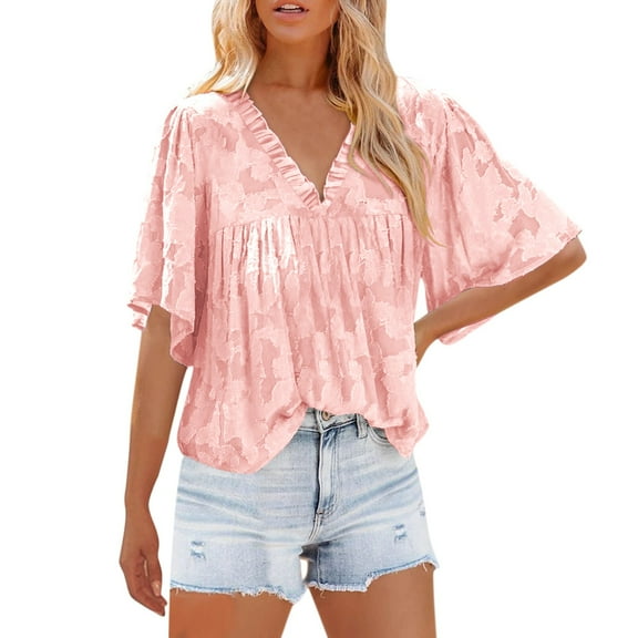 DuoJiaJ Womens Tunic Tops Short Sleeve V Neck Polka Dot Blouses Shirts Women’s Blouses Pink