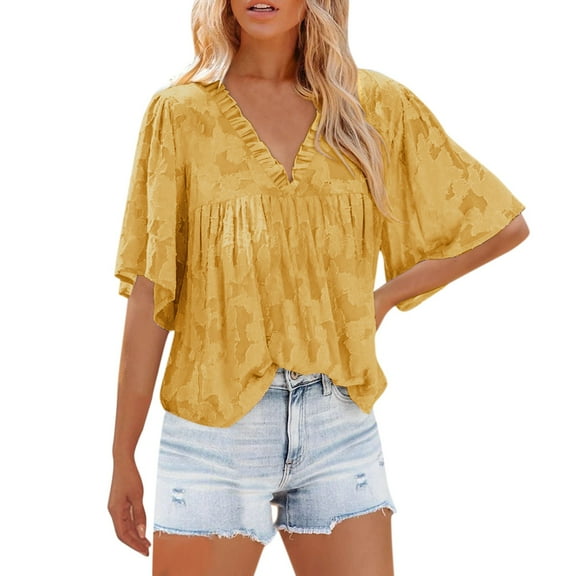 DuoJiaJ Womens Tunic Tops Short Sleeve V Neck Polka Dot Blouses Shirts Women’s Blouses Yellow