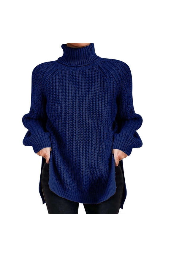 Womens Turtleneck Oversized Sweater Batwing Pullover Sweater Casual Fall Loose Knit Jumper Top Blue M
