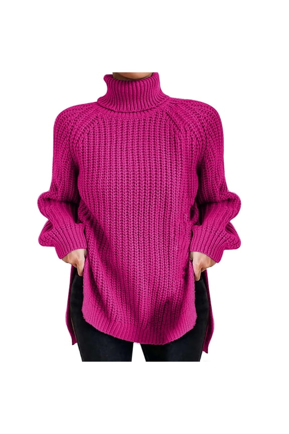 Womens Turtleneck Oversized Sweater Batwing Pullover Sweater Casual Fall Loose Knit Jumper Top Pink M