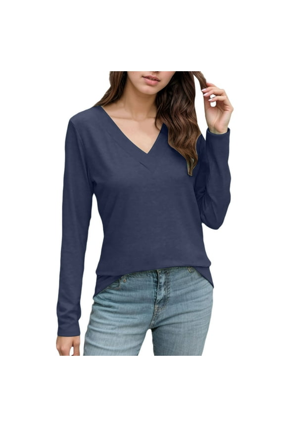 Womens V Neck Long Sleeve Shirts Dressy Casual Fall Tops Trendy Loose Tunic Tops Blouse Plus Size Off-Shoulder Party Tops Blue S