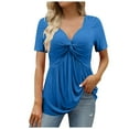 thumbnail image 1 of DuoJiaJ Womens V Neck Shirts Short Sleeve Tops Front Knotted T Shirt Casual Solid Thermal Underwear Women Blue S, 1 of 5