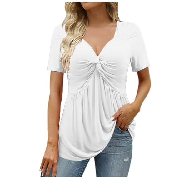 DuoJiaJ Womens V Neck Shirts Short Sleeve Tops Front Knotted T Shirt Casual Solid Thermal Underwear Women White XXL