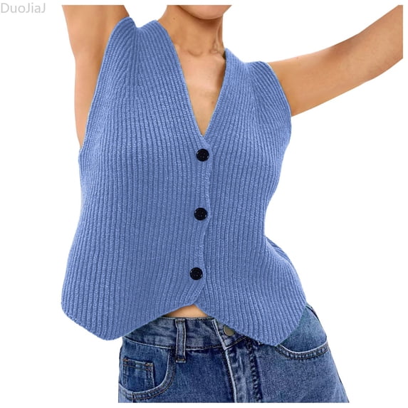 DuoJiaJ Womens V Neck Sweater Vest, Sleeveless Button Down Loose Tops Blue M