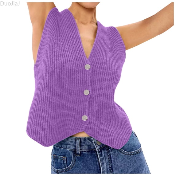 DuoJiaJ Womens V Neck Sweater Vest, Sleeveless Button Down Loose Tops Purple L