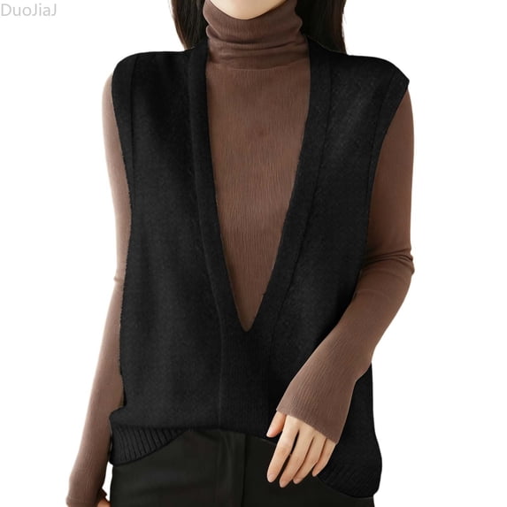 DuoJiaJ Womens V Neck Sweater Vest, Sleeveless Pullover Layering Casual Black L