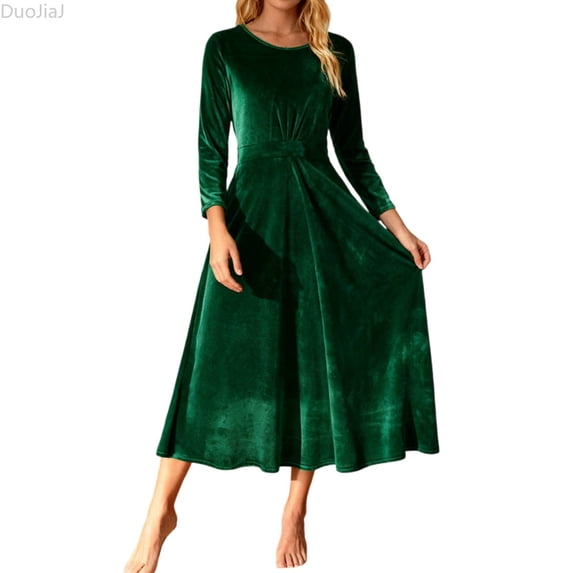 DuoJiaJ Womens Velvet Dress, Crew Neck Pleated Formal Long Sleeve Dresses Green S-5XL
