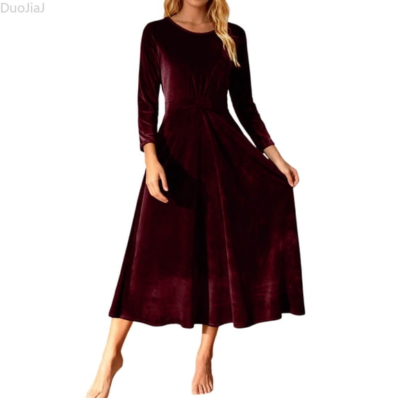 DuoJiaJ Womens Velvet Dress, Crew Neck Pleated Formal Long Sleeve Dresses Red S-5XL