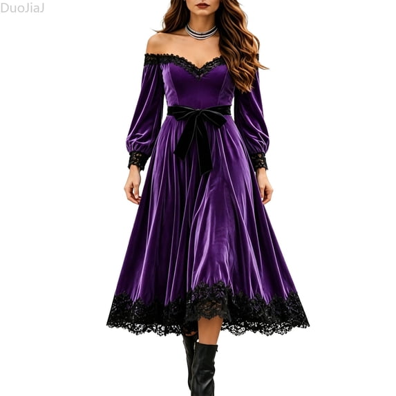 DuoJiaJ Womens Velvet Off Shoulder Dress, Lace Stitching Long Sleeve Party Gown Purple Sizes S-3XL