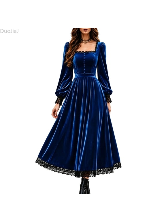 Womens Velvet Square Neck Dress, Lace Long Sleeve Party Gown Blue Sizes S-5XL