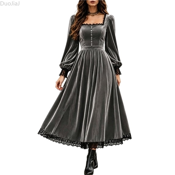 DuoJiaJ Womens Velvet Square Neck Dress, Lace Long Sleeve Party Gown Gray Sizes S-5XL