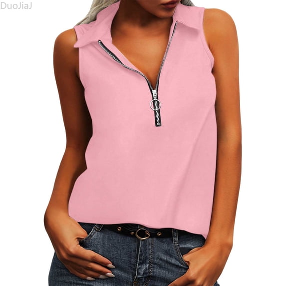 DuoJiaJ Womens Vests Dressy Lapel Tank Top Casual Graphic Zip Up V Neck Tunics Halter Sleeveless Slim Fit Tunic Tops Blouse Tshirts Summer Tank Tops Women Pink XXXL