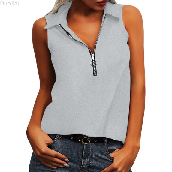 DuoJiaJ Womens Vests Dressy Lapel Tank Top Casual Graphic Zip Up V Neck Tunics Halter Sleeveless Slim Fit Tunic Tops Blouse Tshirts Summer Tank Tops Women Gray L