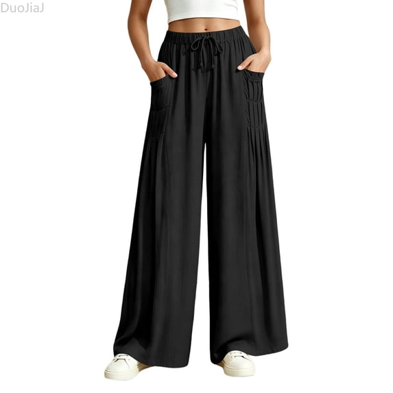 DuoJiaJ Womens Wide Leg Pants, High Waist with Pockets Soft Flowy Casual Black L