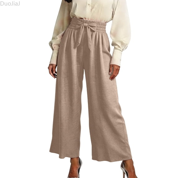 DuoJiaJ Womens Wide Leg Pants, High Waist with Pockets Tie Front Loose Beige L