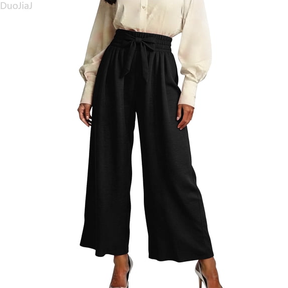 DuoJiaJ Womens Wide Leg Pants, High Waist with Pockets Tie Front Loose Black XL