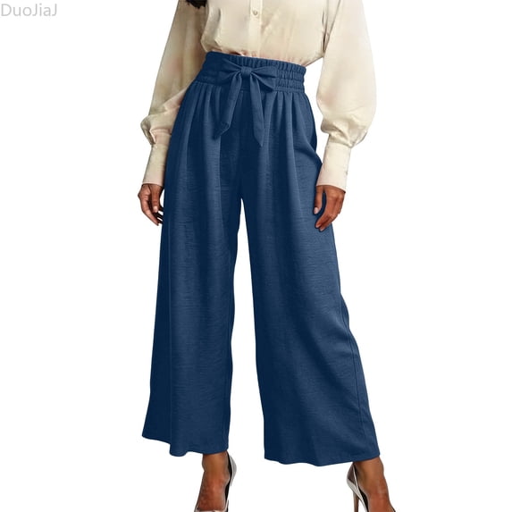 DuoJiaJ Womens Wide Leg Pants, High Waist with Pockets Tie Front Loose Blue S