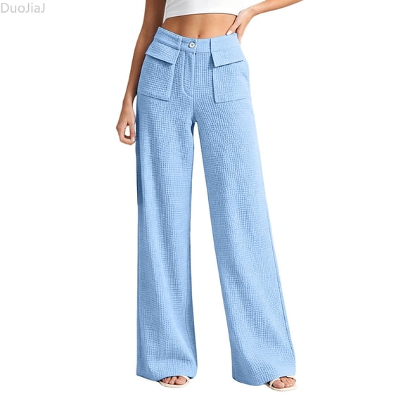 DuoJiaJ Womens Wide Leg Pants, Knit High Waist Relaxed Casual Trousers Blue S