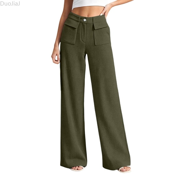 DuoJiaJ Womens Wide Leg Pants, Knit High Waist Relaxed Casual Trousers Green L