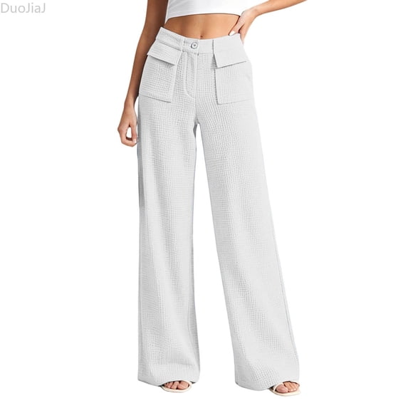 DuoJiaJ Womens Wide Leg Pants, Knit High Waist Relaxed Casual Trousers White M