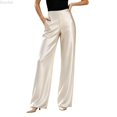 thumbnail image 1 of DuoJiaJ Womens Wide Leg Pants, Satin High Rise Smooth Draping Casual Beige L, 1 of 5