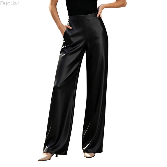 DuoJiaJ Womens Wide Leg Pants, Satin High Rise Smooth Draping Casual Black L