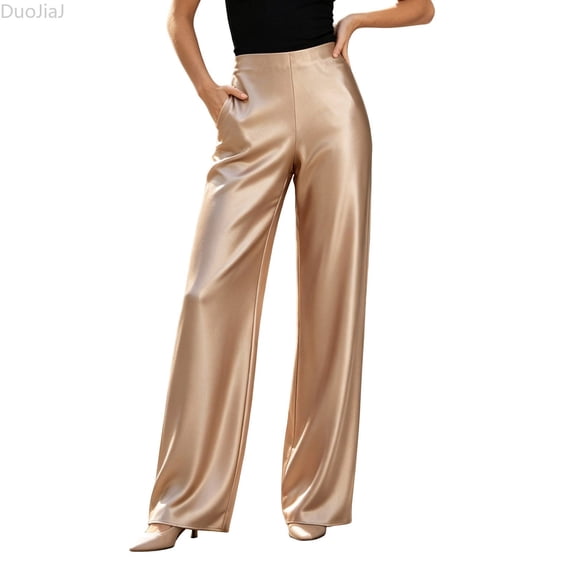 DuoJiaJ Womens Wide Leg Pants, Satin High Rise Smooth Draping Casual Gold S