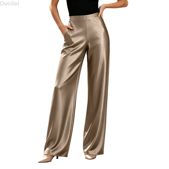DuoJiaJ Womens Wide Leg Pants, Satin High Rise Smooth Draping Casual Yellow L