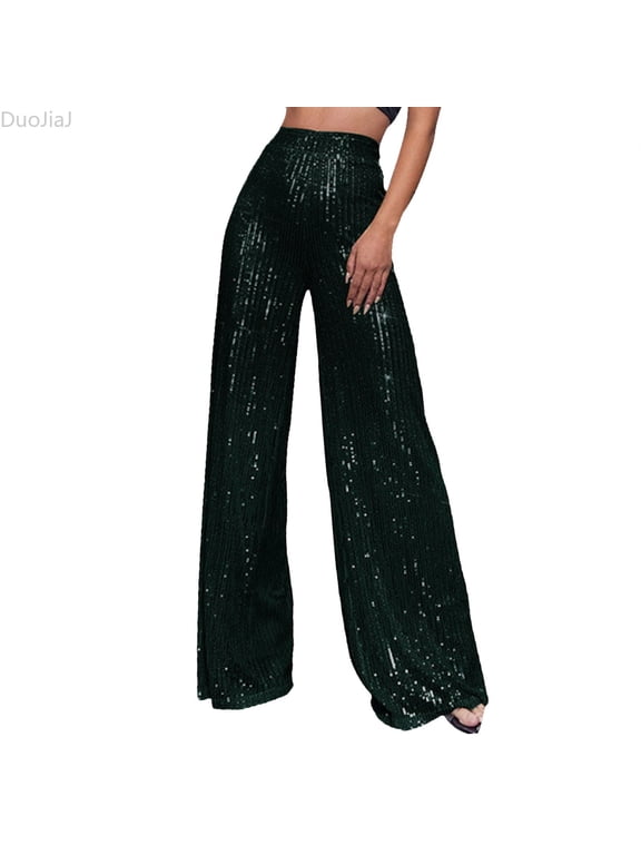 Womens Wide Leg Sparkle Sequin Pants Elastic High Waisted Bling Glitter Dance Pants Green XXL