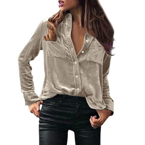 DuoJiaJ Womens Winter Velvet Long Sleeve Button Down Casual Tops Shirts Beige S