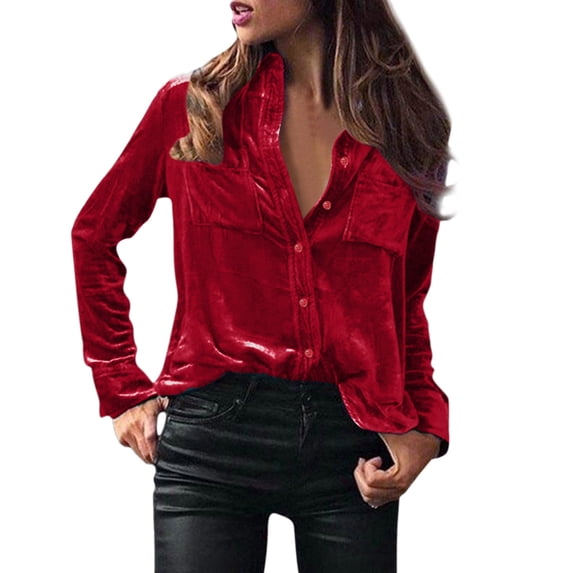 DuoJiaJ Womens Winter Velvet Long Sleeve Button Down Casual Tops Shirts Red XXL